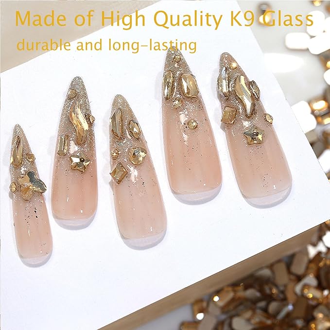 Champagne Nail Rhinestones Kit, 18 Types of 900 Special-Shaped Nail Diamonds + 3200 Flat-Bottomed Nail Rhinestones, 3D Nail Crystals DIY Crafts Gemstones for Nail