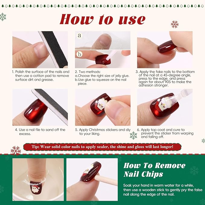 Christmas Press on Nails Short Square Set, 150pcs Jelly Glass Mirror Chrome Cat Eye Nails, Shimmer Snow White Glitter Cherry Red Ruby Holographic Elk Brown Sparkle Green Nails with Stickers