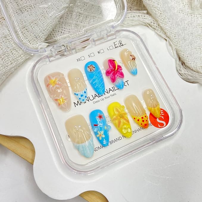 Handmade Press on Nails Summer Shell Press on Nails Medium Almond Fake Nails Flower French False Nails Starfish for Girls Manicure Art Decoration Accessories (Size M)