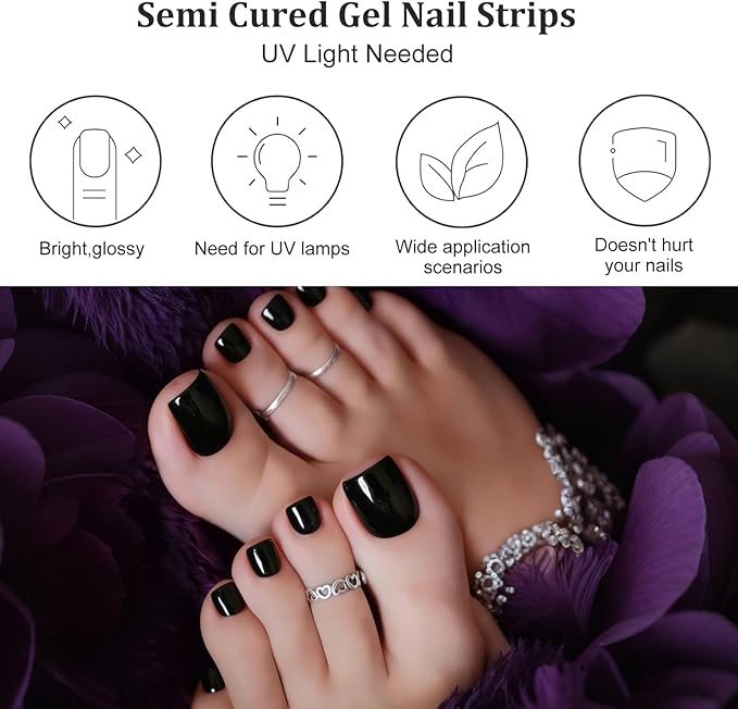 34 Pcs Semi Cured Gel Toe Nail Strips Black Solid Gel Nail Stickers Full Cover Nails Wraps Self Adhesive Toe Nails Polish Strips Stickers for Women UV/LED Light Required