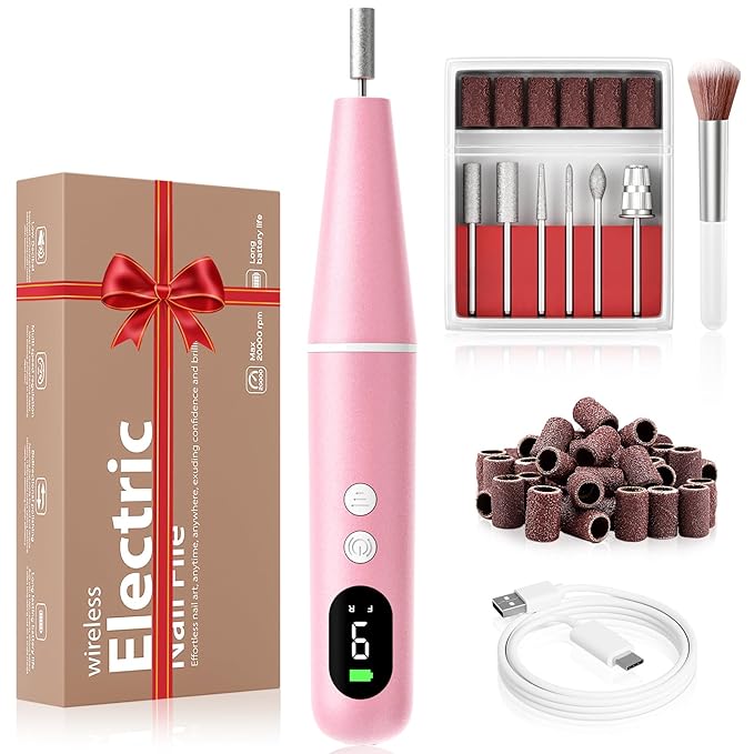 Electric Nail Drill Kit, Electric Nail File Cordless Nail Drill Machine for Acrylic Gel Dip Powder Nails, Professional Portable Manicure Pedicure Rechargeable Lightweight for Home Salon Use