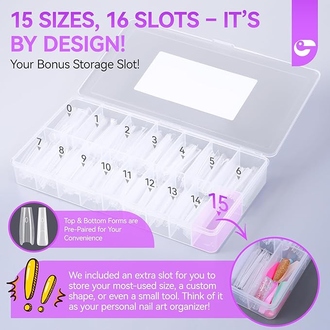Gelike EC Sandwich Dual Nail Forms: Save 70% Times for Reusable Nail Extensions - Long Coffin Nails Mold for Building Gel/Polygel/Acrylic - 240Pcs 15 Sizes Trim To Fit Short/Medium/Long Styles
