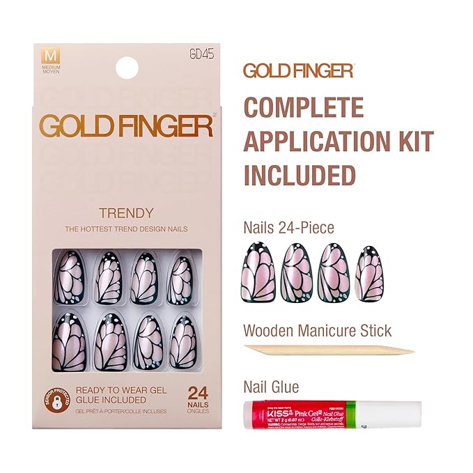 GoldFinger 24 Pcs Press On Nails, Medium Almond Fake Nails, Butterfly Chrome Gel Stick On Extensions, Reusable Full Cover False Nail Kit with Glue, Manicure Stick & File, 7 Day Long Lasting Wear
