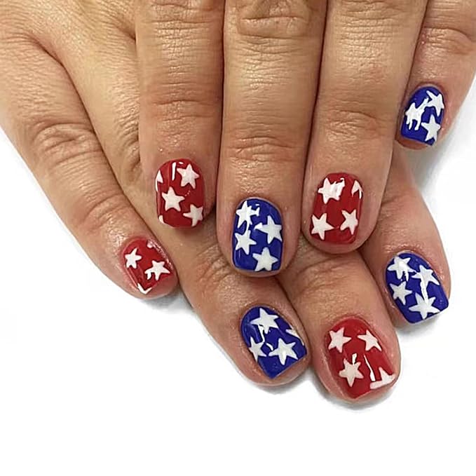 Independence Day Press on Nails Short Square Fake Nails with Star Designs Red False Nails Blue Acrylic Nails Summer Stick on Nail Full Cover 4th of July Glue on Nail for Women Girls Manicure 24Pcs
