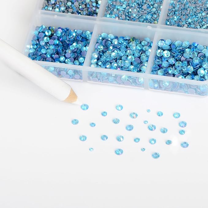 Bymitel Hotfix Crystal Rhinestones Round Gems for Crafts,Mixed 6 Sizes with Wax Pencil Kit, Aquamarine AB 1.3-3.2mm(SS3-SS12/8000pcs)