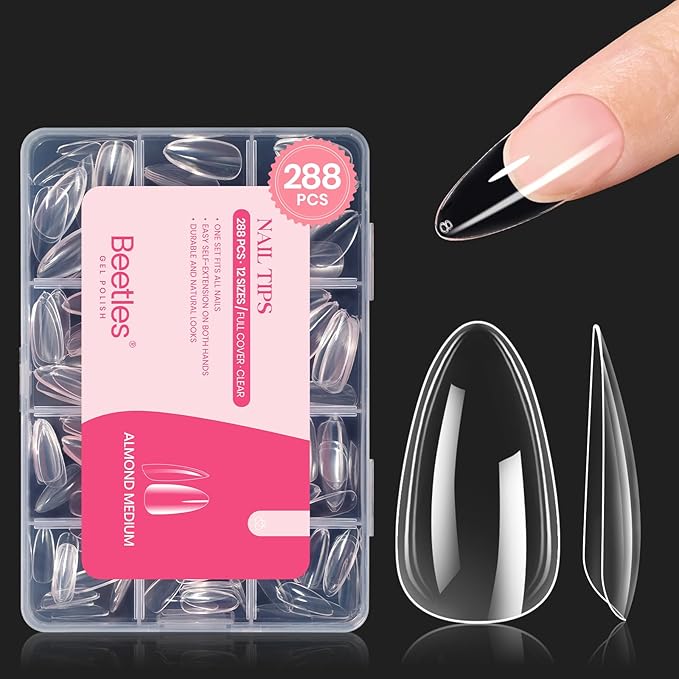 Beetles Gel Nail Tips Clear, Almond Medium, 288Pcs 10 Sizes, Pre-shaped Full Cover Soft Acrylic False Press On Nail Tips Almond Shape Easy Home DIY Fake Nail Extension Art Salon Gift for Women
