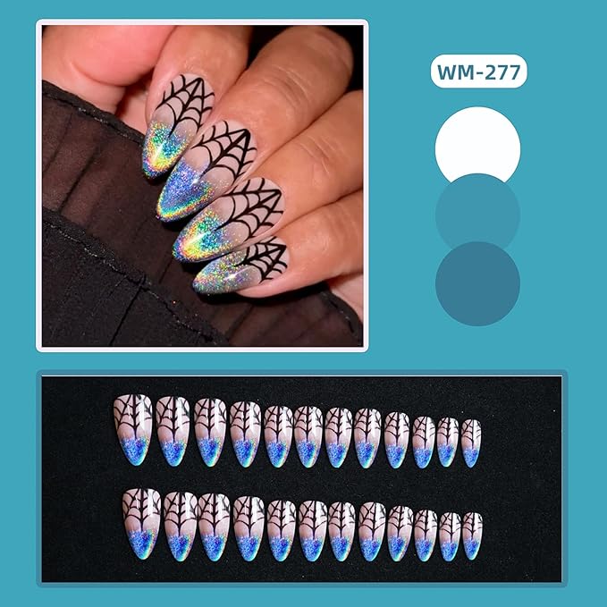 24 Pcs Halloween Gradient Press on Nails, Almond Fake Nails with Spider Web Design, Glossy Acrylic Nails, Full Cover Reusable Stick on Nails for Women Girls Nail Supplies