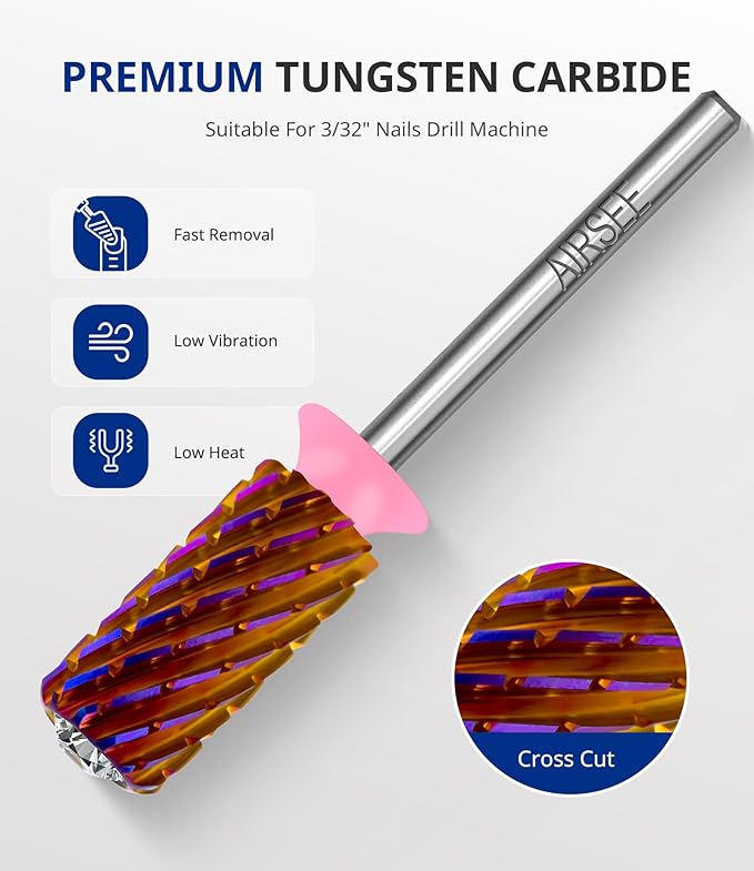AIRSEE Tungsten Carbide Acrylic Nail Drill Bit Super Cut Bit Efile Electric File Machine Head Tip for Manicure Polishing Art Remove Gel Professional 3/32" Beginner Safety Crystal Top Barrel 3X Coarse