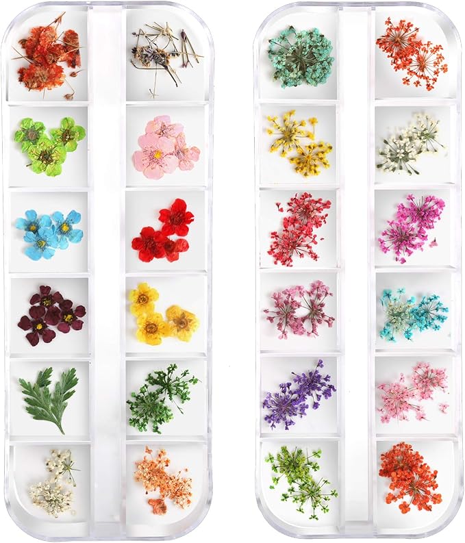 Teenior 24 Colors Nail Dried Flowers, 3D Nail Art Sticker for Tips Manicure Decor Mixed Accessories, Starry Leaves Flower (2 Boxes)