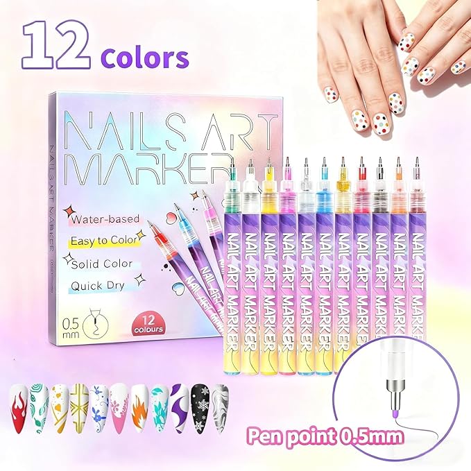 12 Colors Nail Art Pens Set, Nail Art Markers Polish Pen for 3D Nail Art, Drawing Painting Liner Brush for DIY Nail Art Beauty Adorn Manicure Tool (24 colors)