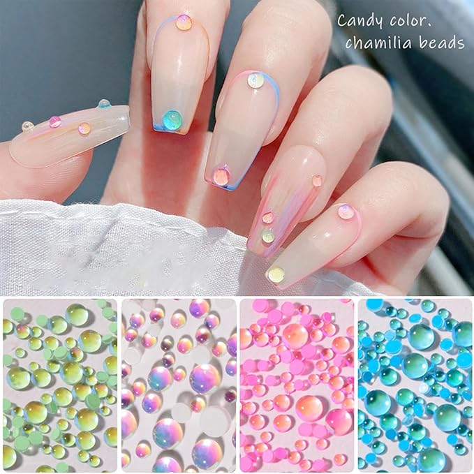200Pcs Colorful Bubble Beads Mermaid Nail Art Charms Aurora Pearls Candy Caramel Stone Mix Nail Art Rhinestones Half-Round Flat Back Rhinestones for Nails Small Glass for Crafts Nail Art Accessories