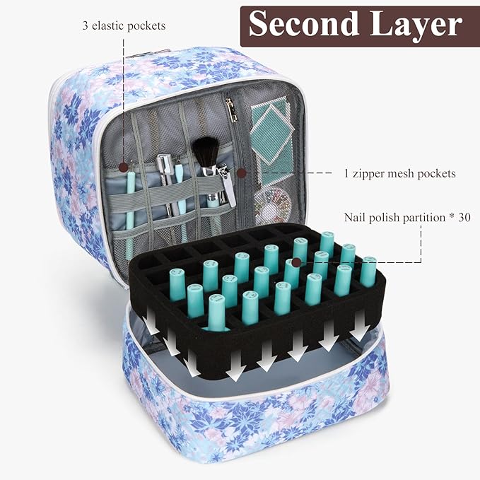 Nail Polish Organizer Aesthetic Nail Organizers and Storage, Bow Nail Supplies Kit Organizer Travel Carrying Case for Manicure Tools (Floral B, 2 Layer)