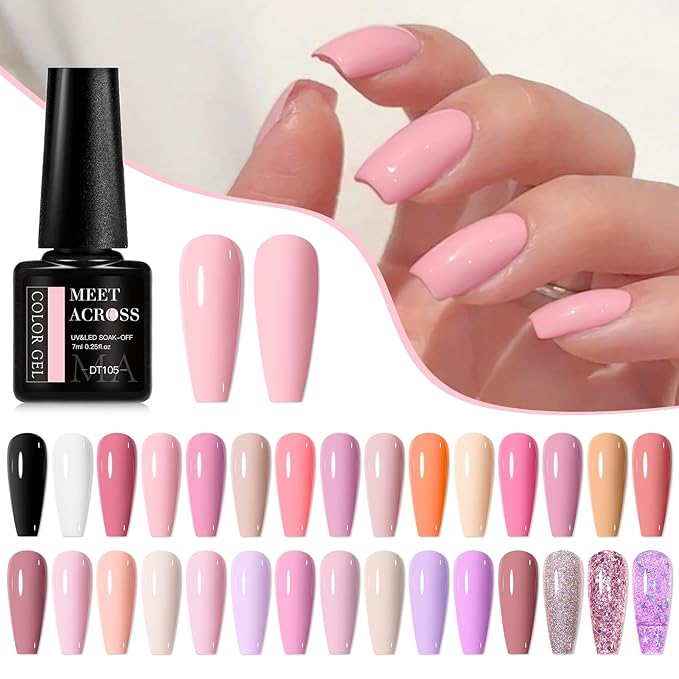 MEET ACROSS 30 Pcs Pink Gel Nail Polish Set, 30 Colors Gel Polish Nude Light Baby Pink Purple Glitter Soak off Uv Led Manicure Kit for DIY Manicure Gift for Women