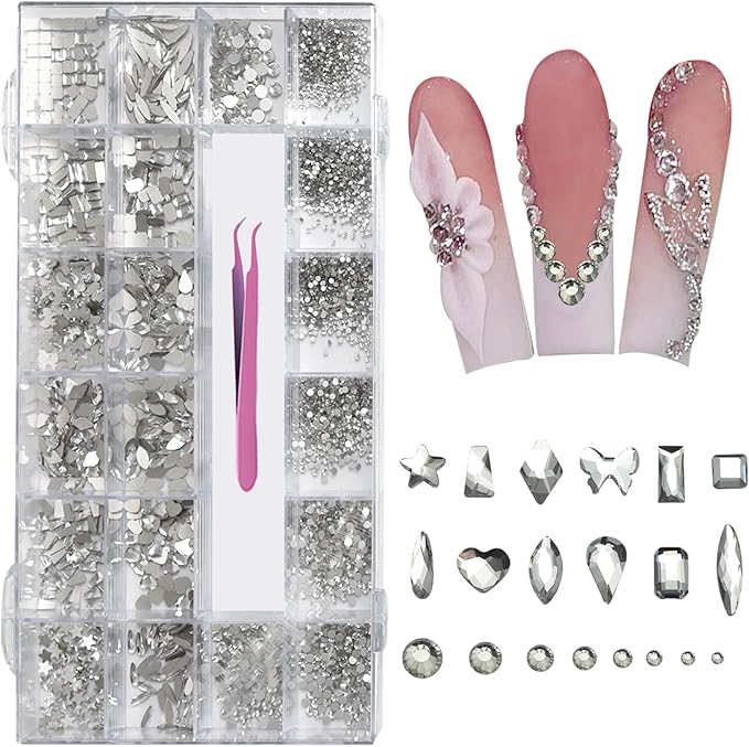 6080PCS White Rhinestones for Nails, Nail Art Rhinestone Kit, Silver Gems Flatback Crystals Diamonds for Nail Art Design, Mix Sizes Nail Charms and Gems(Tweezers Included)