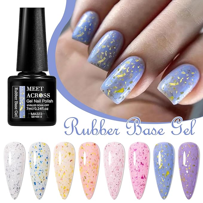 MEET ACROSS Rubber Base Gel Polish, 12pcs*7ml Builder Gel Gold Foil Pink Red Purple Blue Silver Foil White in a Bottle UV Gel Polish Kit, Structure Quick Extension Gel