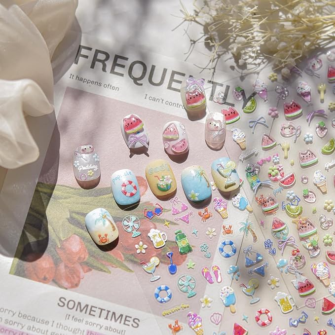 Summer Nail Art Stickers Watermelon Ice Cream Nail Decals Beach Nail Stickers 5D Embossed Self Adhesive Nails Charms for Women Girls Kid Manicure Cute Sweet DIY Decoration 2Pcs