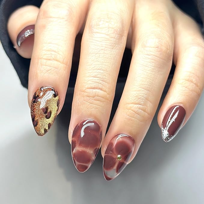 Press On Nails Short Almond Brown Marble & Leopard Nail Art with French Tip | Reusable Soft Gel Nails in 15 Sizes -30 Nail Kit with Glue | Designed in L.A, Handmade in Vietnam| Chocolate Kiss