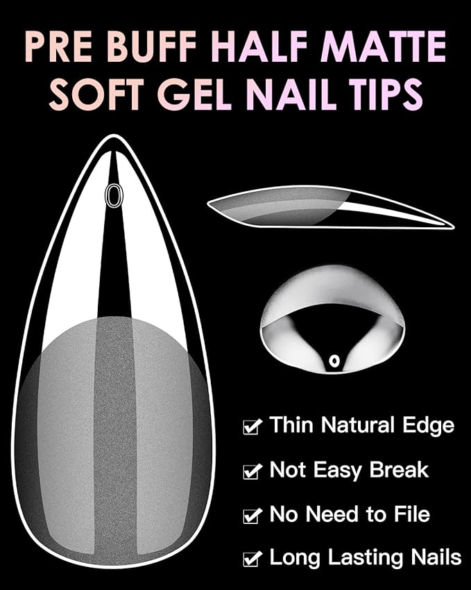 Soft Gel Nail Tips Medium Stiletto, 120PCS Pre Buff Full Cover Shaped Nail Extenison Tips Half Matte Gel Nail Tips BORNBYME