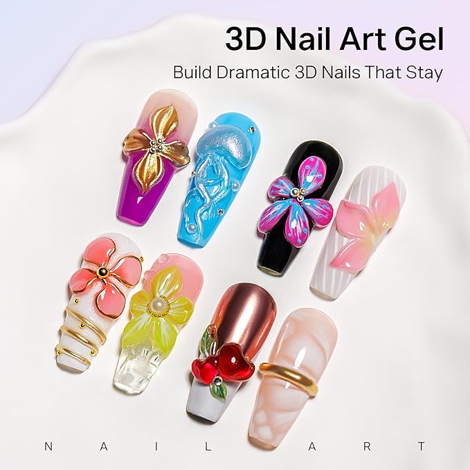 MIZHSE Clear 3D Gel Nail Art Solid Builder Gel for Nails, 5 in 1 Non-Sticky Sculpture Hand Carving Nail Extension Gels with 24pcs Dual Form for 3D Patterns Flowers for Beginner DIY Salon at Home