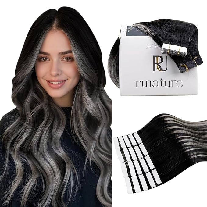 RUANTURE Tape in Hair Extensions Human Hair. Ombre Tape in Extensions, Natural Human Hair Extensions Tape Ins, Black Roots to Silver Hair Extensions, Seamless Glue in Extensions 20 Inch 50g 20pcs