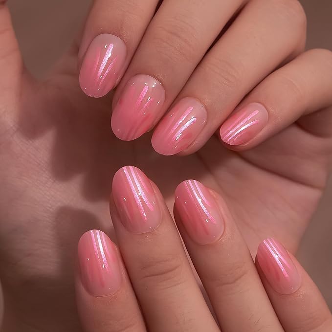 Curvlife Press On Nails Short Oval Pink - Glitter Drip Press on Nails with Glue, Pink Glitter Dripping Glossy Nude Fake Nails Long Lasting False Nail Tips for Women Girls
