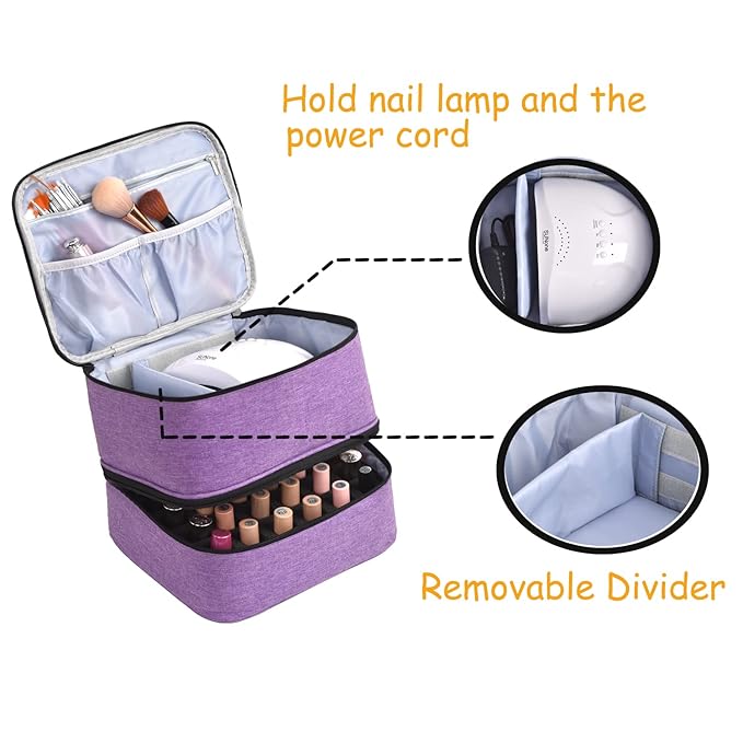 Nail Polish Organizer - Holds 30 Bottles & Nail Lamp, Double-Layer Nail Organizers and Storage, Nail Polish Bag with Handle Nail Travel Case for Nail Tech (Purple)