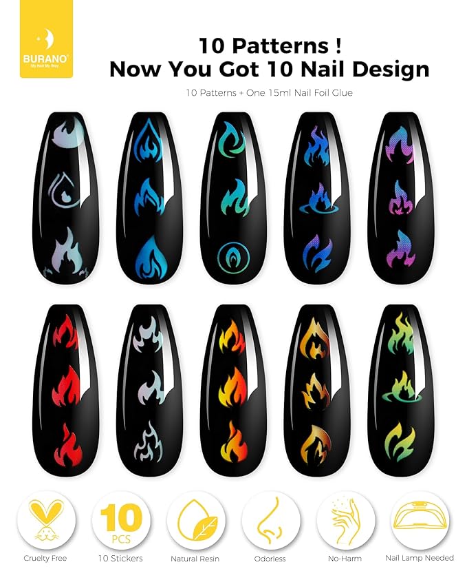 BURANO Nail Art Nail Foil Glue Gel, o.5 oz with 10PCS Foil Stickers Set Nail Foil Glue for Nails Foil Transfer Gel, Nail Design DIY UV LED Lamp Required (Fire 21)