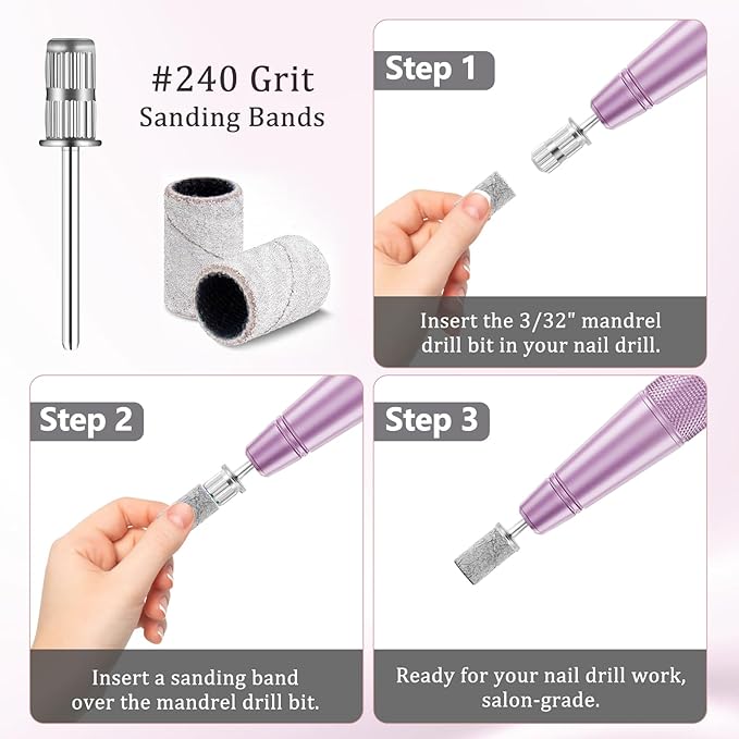 120Pcs Nail Drill Bits Sanding Bands with Nail Drill Bits, Professional Sand Band 180#/240 Fine Grit Nail File Sanding Bands for Acrylic Nails Manicures and Pedicure (Grey, 240 Grit)