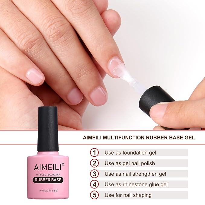 AIMEILI Hema Free Rubber Base Gel For Nails, Soak Off U V LED Clear Sheer Gel Nail Polish, 4 in 1 Nail Strengthen/Enhance/Base Coat/Color Set Of 6pcs X 10ml - Kit 44