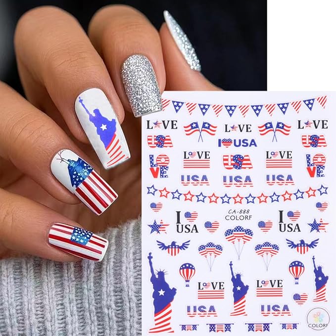 8 Sheets Independence Day Nail Stickers for Nail Art USA 4th of July Nail Decals 3D Self-Adhesive American Flag Patriotic Nail Decoration American Eagle Nail Art Stickers for Women Girls Nail Designs