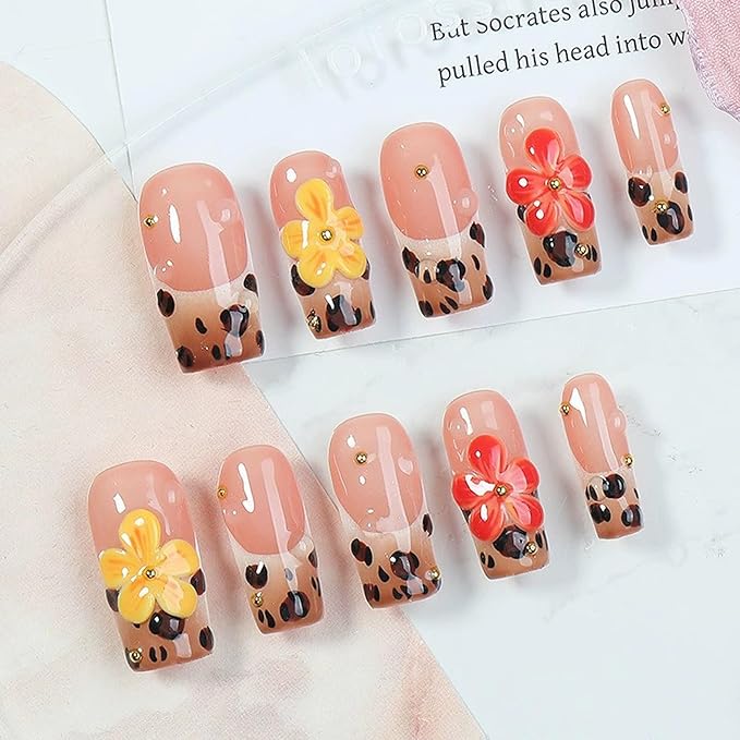 Medium Press on Nails - Handmade Acrylic Square Fake Nails Leopard Print French Tip False Nails with 3D Flower Design Medium Square Nails Press Ons Reusable Full Cover Nail for Women DIY (Size M)