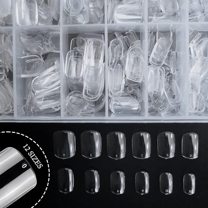 LoveOurHome 600pc Short Round Square Nail Tips Clear Fake Nails Press ons Nail Short Square Soft Gel Acrylic Nail Tip Full Cover Artificial False Fingernails 12 Sizes for Women Teen Girls Kids