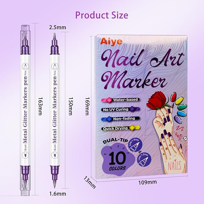 10 Colors Nail Art Pens Set, Metal Giltter 3D Nail Marker Double-ended Nail Point Dotting Pen,Drawing Painting Liner Brush for DIY Nail Manicure Tools for Home Salon Beginners (10 Colors - A)