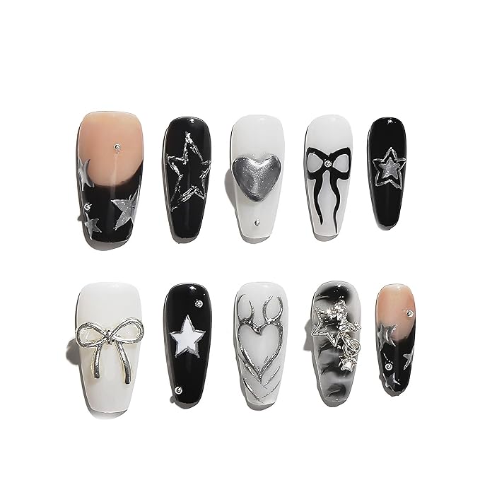 Sun&Beam Nails Handmade Press-on Medium Coffin Ballerina Black Silver White Grey French Star Rhinestone Design Fashion False Nail Tips 10 Pcs Set (#178 S)