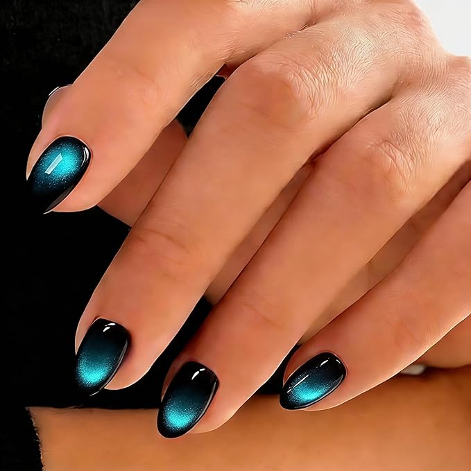 Cat Eye Press on Nails Short, Chrome Press on Nails Oval, Thick Glazed Black Baby Blue Fake Nails Press ons for Women Party Prom, Reusable Glitter Glue On Nails Almond in 15 Sizes, 30 Pcs