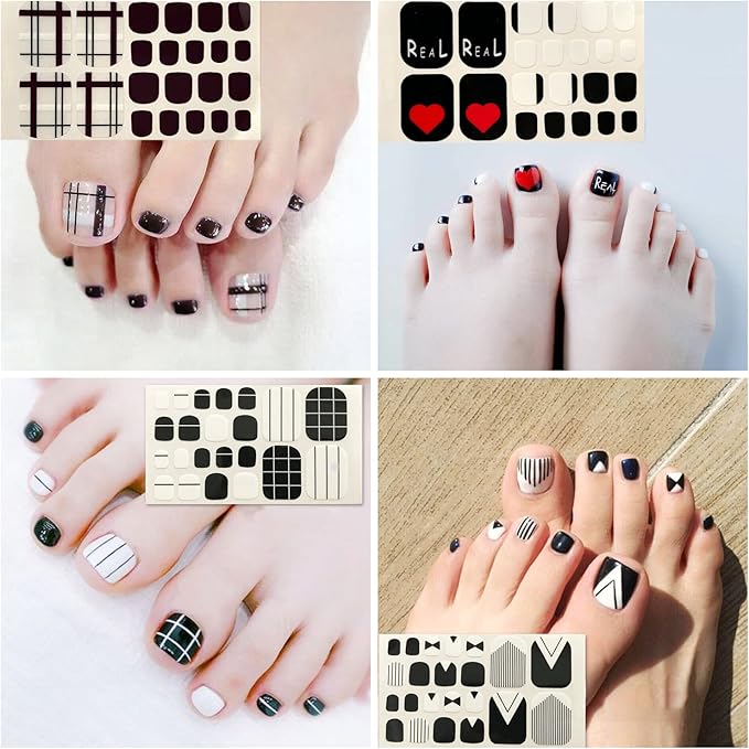SILPECWEE Toe Polish Strips - Black Full Wraps for Women, Self Adhesive Stickers, Gel Strips for Toenails Decoration With Nail File (20 Sheets)
