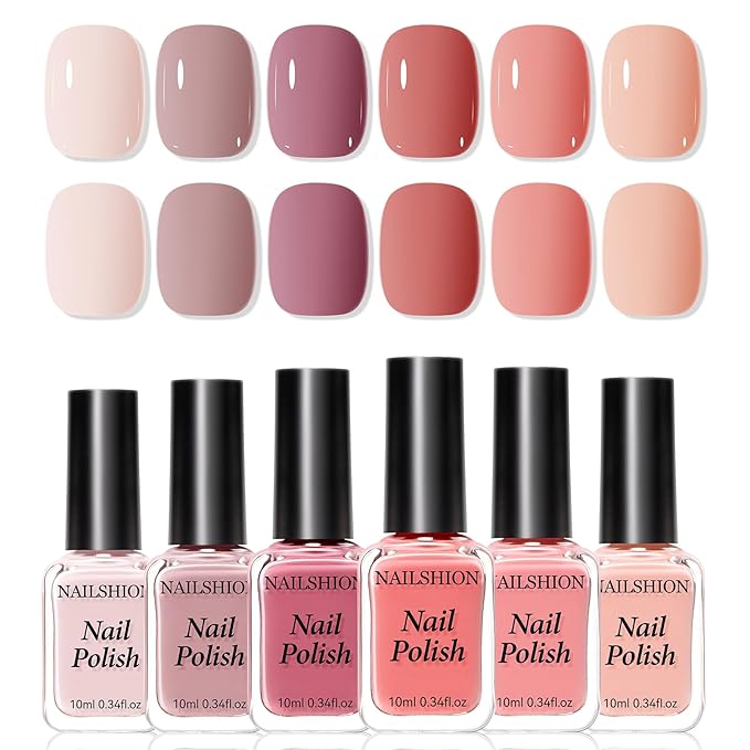 6 Colors Nail Polish Set, Neutral Nude Beige Dusty Pink Fingernail Polishes All Seasons, Opaque, Rapid Dry Natural Nail Art Manicure Salon DIY at Home for Women