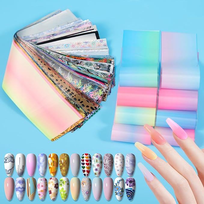 JERCLITY 300 Sheets Nail Foil Transfer Stickers Set Leopard Print Marbling Nail Foils Transfer Nail Art Holographic Laser Design Foil Sheets for Women Girls