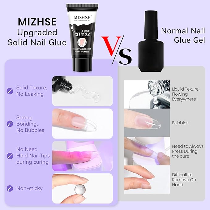 MIZHSE Solid Nail Glue, 30g Solid Nail Gel for Press on Nails, Super Strong Nail Gel Glue for Nail Tips, Acrylic Nails, Long Lasting Manicure DIY at Home, Cure Needed