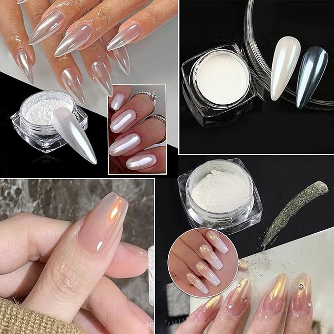 2 Boxes Pearl White Nail Powder - Glazed Donut Chrome Powder for Nails - Pearlescent Iridescent Gel Cromer Nail Powder