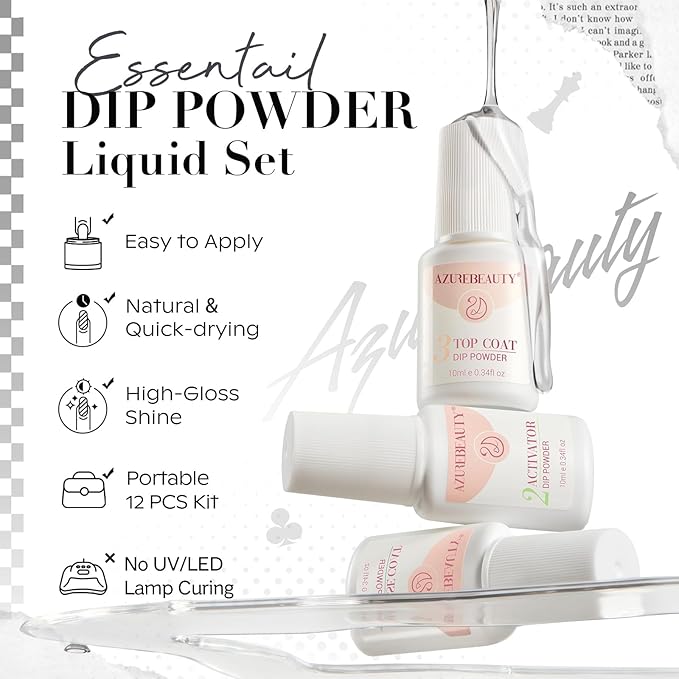 AZUREBEAUTY Dip Powder Nail Kit Starter, Light & Dark Grey Black Glitter Sparkle, 4 Colors Dipping Powder Set All Seasons, French Nail Art Base Top Coat Activator Liquid Manicure DIY Salon