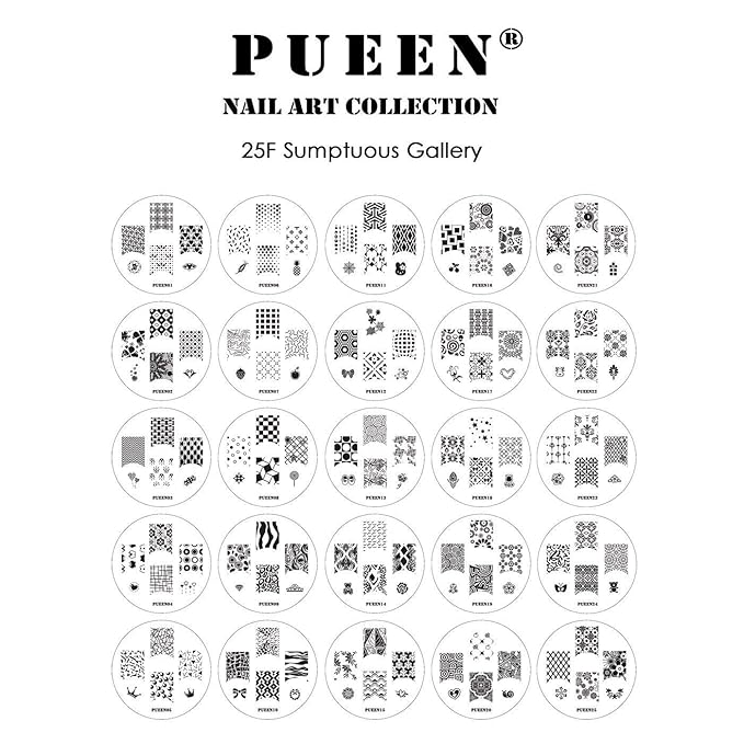 PUEEN Nail Art Stamp Collection Set 25F - NEW Unique Set of 25 Nailart Polish Stamping Manicure Image Plates Accessories Kit (Totaling 150 Images) - New Batch with Display & Storage Case-BH000019