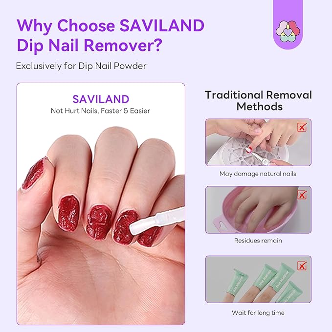 SAVILAND Essentials Dip Nail Remover Kit: 2Pcs Dip Powder Removal Gentle Easy Remove Dip Nails With Cuticle Oil Nail File Gel Remover No Soaking Wrapping Home Use 15ml