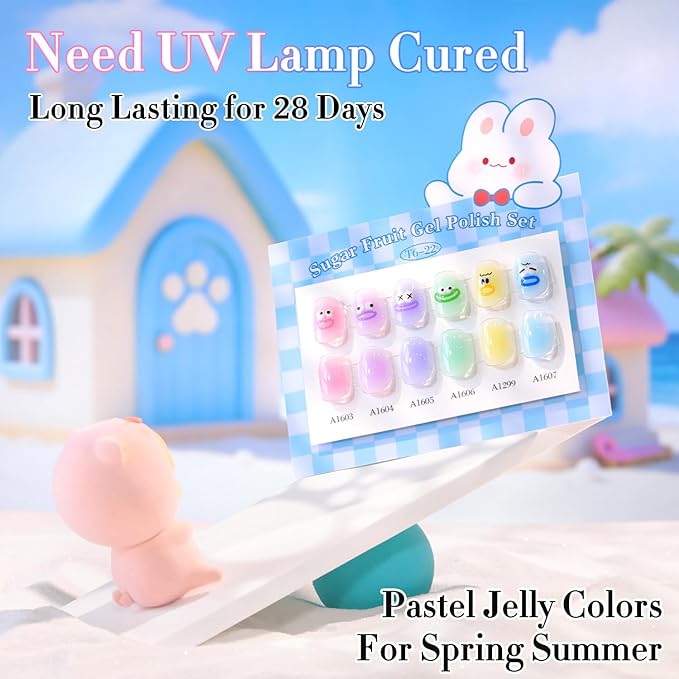 Double Rhythm 6 Pcs 15 ML Gel Polish Set Same Color Same Bottle Soak Off Gel Polish Kit Nail Art Manicure Salon DIY at Home for Women (Jelly Pink Purple Green Yellow Blue-T6-22)