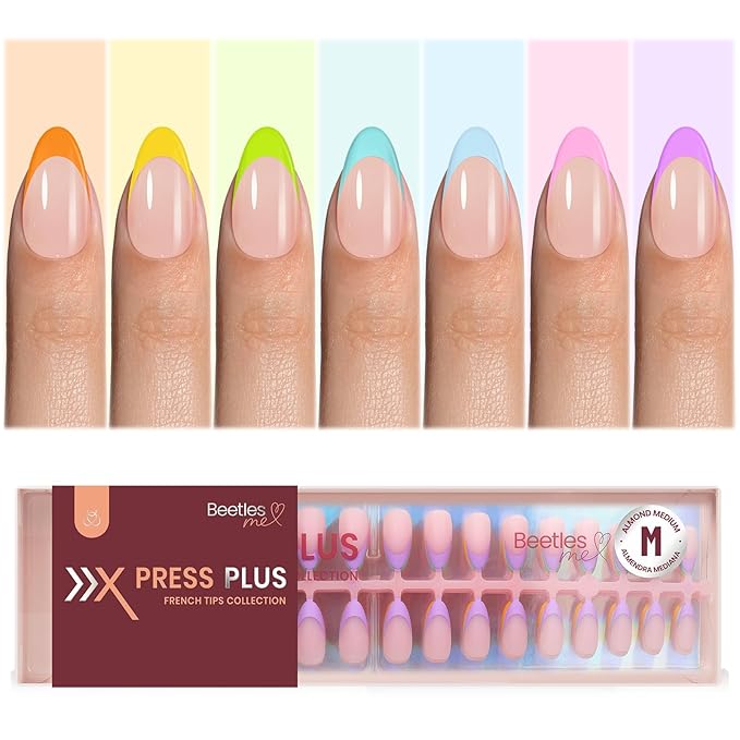 Beetles Summer Press On Nails 224 Pcs 7 Colors, French Tip Nails Medium Almond Classic Fake Nail Tips, Rainbow Soft Nail Gel False Nails Art DIY For Women