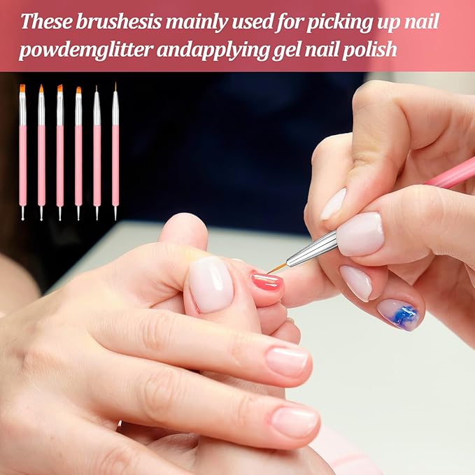 6Pcs Dotting Tools Nail Art Brushes Kit Double Ended Nails Detail Small Brush Design Pen for Gel Polish Lines Nails Drawing DIY Manicures Pink