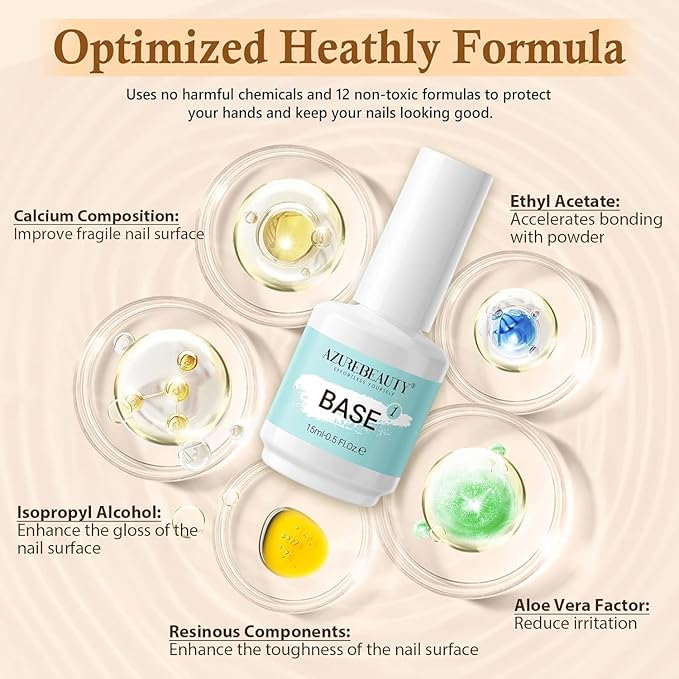 AZUREBEAUTY Dip Powder Liquid Set 15ml/0.5oz 8 Pcs Dipping Base Activator and Top Coat Brush Saver Nail File Necessary Tools for Dip Kit No Lamp Needed