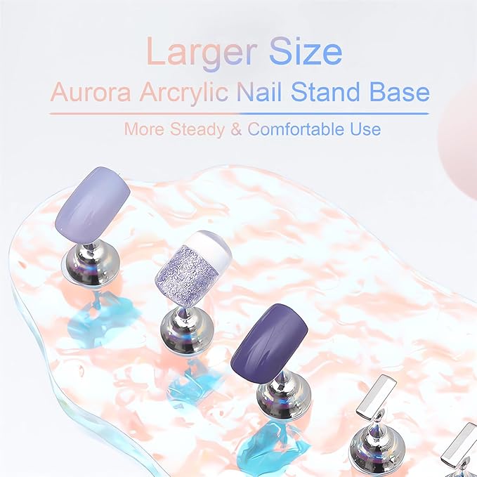 Press On Nail Stand Set - 2 Pcs Aurora Arcrylic Nail Holder for Painting Nails With A Mini Clear Nail Stand Base, Two Color Metal Nail Holders,Reusable Sticky Putty For Nail Art & Display