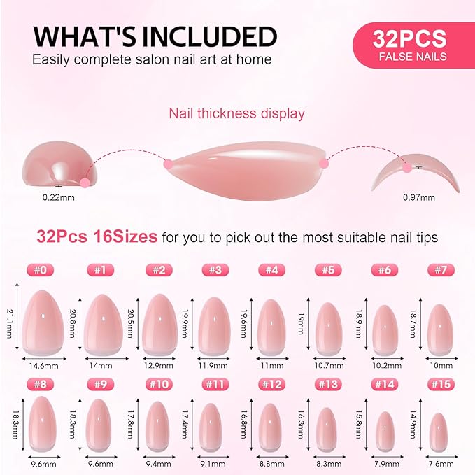 Press On Nails Short Almond - Findigit Pink Press on Nails Soft Gel Stick On Nail with Nail Glue, Fit Natural Reusable Glue On Nails 16 Sizes - 32 Nail Kits Almond Grace