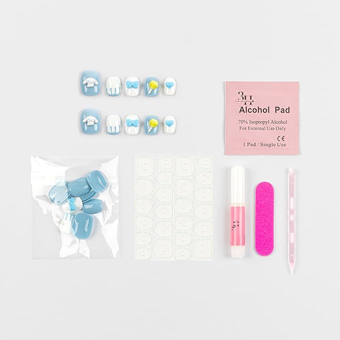 First-Ever 3D Cinnamoroll Short Press-On Nails | Luxury Handmade Sanrio Kawaii False Nails with Charms, Gems & 3D Clouds | Full Kit 24pcs for All Ages + Glue & Tabs